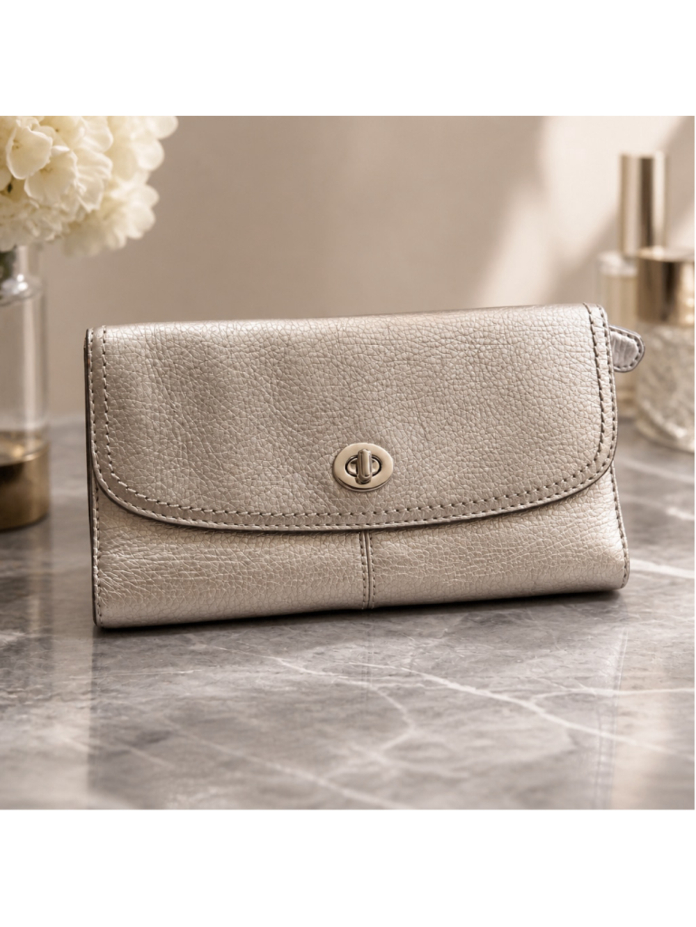 Coach Park Metallic Silver Pebbled Leather Turn Lock wallet chequebook Long